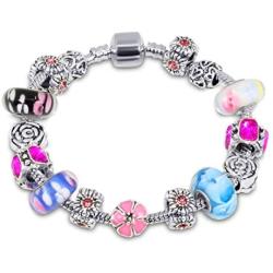 Savlano Silver Tone Charm Bracelet with Crystal and Murano Glass Beads Snake Chain for Women & Girls