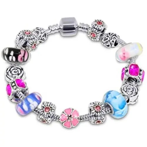 Savlano Silver Tone Charm Bracelet with Crystal and Murano Glass Beads Snake Chain for Women & Girls Savlano Silver Tone Charm Bracelet with Crystal and Murano Glass Beads Snake Chain for Women & Girls