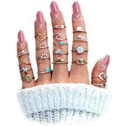 FUTIMELY Boho Retro Stackable Rings Sets for Teen Girls Women,Peak Sea Wave Compass Turquoise Rhinestone Knuckle Joint Finger Kunckle Nail Ring Sets