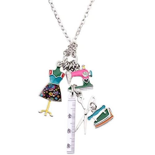 NEWEI Cute Enamel Alloy Tailor Tools Sewing Machine Scissors Pendant Necklace Collar Chain Fashion Jewelry for Women Girls Gift