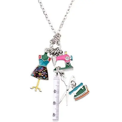 NEWEI Cute Enamel Alloy Tailor Tools Sewing Machine Scissors Pendant Necklace Collar Chain Fashion Jewelry for Women Girls Gift