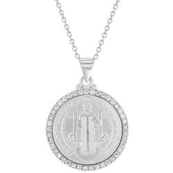 925 Sterling Silver Clear CZ Saint Benedict San Benito Nurzia Medal Pendant 19''