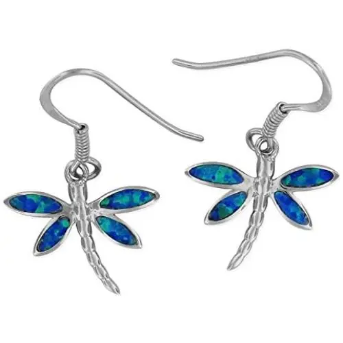 Sterling Silver Synthetic Blue Opal Dragonfly Dangle Earrings Sterling Silver Synthetic Blue Opal Dragonfly Dangle Earrings