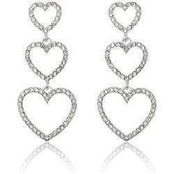 RareLove Bling CZ Crystal Interlocking Three Heart Hollow Dangle Stud Piercing Earrings For Women Girls Silver Plated Alloy Valentines Gift For Her