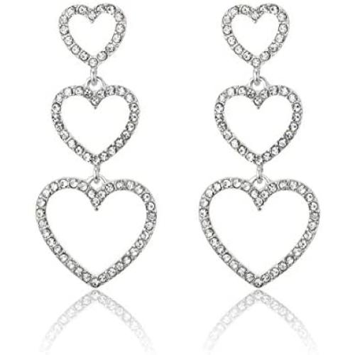 RareLove Bling CZ Crystal Interlocking Three Heart Hollow Dangle Stud Piercing Earrings For Women Girls Silver Plated Alloy Valentines Gift For Her