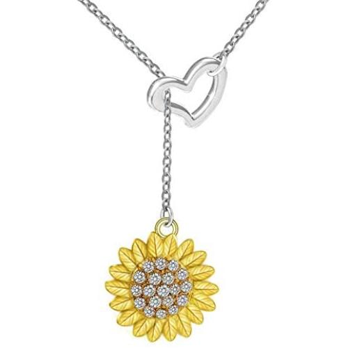 Caiyao Retro Sunflower Rhinestone Beads Love Heart Pendant Necklace for Women Girls 14K Gold Silver Plated You are My Sunshine Flower Plant Chain Necklace Party Birthday Holiday Jewelry Gifts
