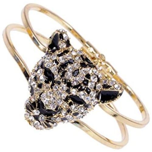 Alilang Golden Tone Clear Crystal Rhinestone Black Enamel Cheetah Leopard Jaguar Head Bangle Bracelet