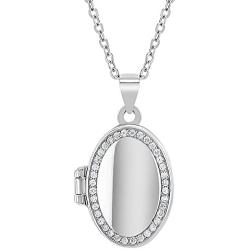 In Season Jewelry 925 Sterling Silver Cubic Zirconia Oval Photo Locket for Girls Necklace 16''
