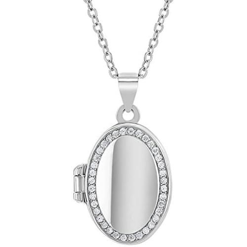 In Season Jewelry 925 Sterling Silver Cubic Zirconia Oval Photo Locket for Girls Necklace 16''