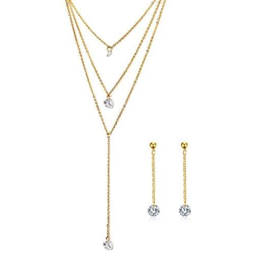 Mealguet Jewlery 3 Layers Multilayer Cubic Zirconia Charm Lariat Sexy Long Chain Y Necklace Dangle Earrings Jewelry Set