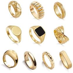 sloong 10pcs Classic Chunky Dome Ring Set 14k Gold Plated Ring Croissant Braided Twisted Signet Ring Stacking Band Ring Trendy Geometric Square Signet Ring Minimalist Statement Jewelry for Women Men