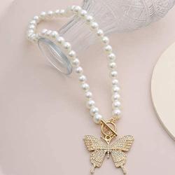 Pingyongchang New Short Pearl Rhinestones Choker Big Gold Color Butterfly Necklace for Women Girls Party Hot Jewelry Gifts