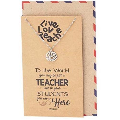 Quan Jewelry Live Love Teach Pendant Necklace, Best Gift for Teachers, Appreciation Gifts with Inspirational Quote on Greeting Card