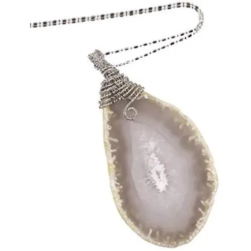SUNYIK Natural Agate Slice Pendant Necklace for Women, Wire Wrapped Polished Geode Drusy Quartz Healing Crystal Pendants with Chain for Men, 22'' Strand
