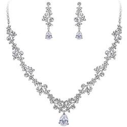 EleQueen Womens Austrian Cystal CZ Floral Wedding Bridal Teardrop Necklace Dangle Earrings Costume Jewerly Sets