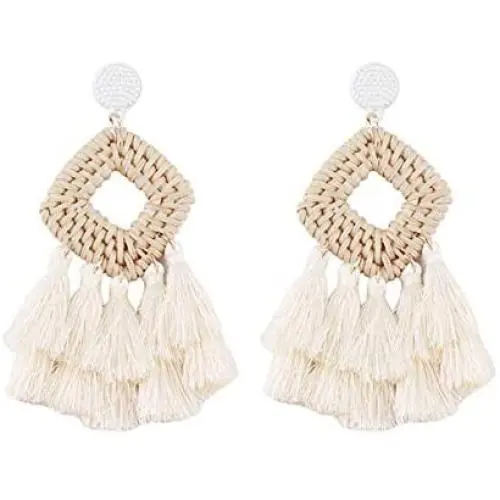 Bohemia Tassel Earrings Statement Handmade Dangle Ethnic Fringe Earrings Bamboo Weaving Geometric Square Sector Gifts for Women Girls