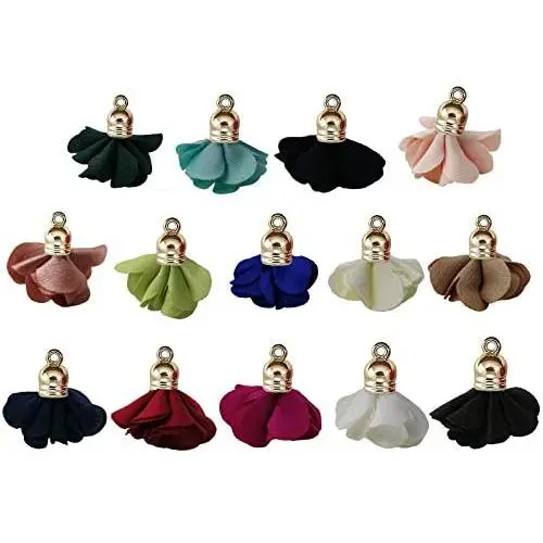 Fashion 28pcs 1.1 Inch Chiffon Flower Fabric Petal Tassel With Gold Caps for Necklace, Earnings, Key Chain GD28ST170T