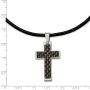 Solid Stainless Steel Mens Black Carbon Fiber Inlay Cross Leather Cord Pendant Necklace Charm Chain