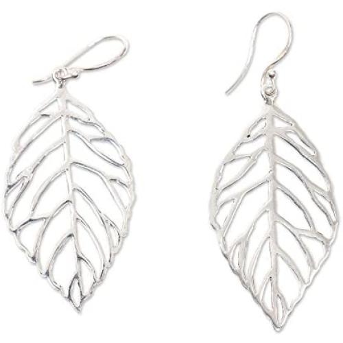 NOVICA .925 Sterling Silver Dangle Earrings Bali Bay Leaf
