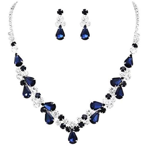 Rosemarie Collections Womens Rhinestone Teardrop Statement Necklace Hypoallergenic Drop Earrings Set, 15''-21'' with 6'' Extender