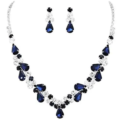 Rosemarie Collections Womens Rhinestone Teardrop Statement Necklace Hypoallergenic Drop Earrings Set, 15''-21'' with 6'' Extender