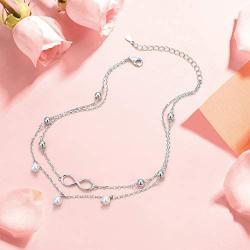 Flyow Anklet for Women S925 Sterling Silver Adjustable Foot Beaded Heart Charm Ankle Bracelet Anklets Jewelry