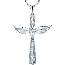 YL Cross Necklace 925 Sterling Silver Angel Wings Pendant Teardrop Cubic Zirconia Criss Jewelry