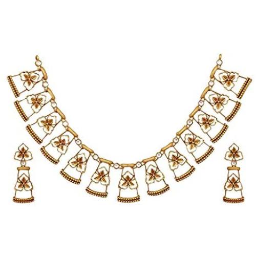 Tarinika Rukmini Kundan Gold-Plated Indian Jewelry Set with Necklace and Earrings - White