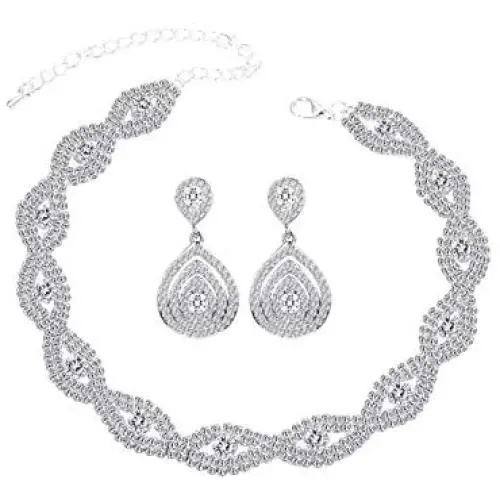 Finrezio Crystal Choker Necklace Teardrop Earring Set for Women Girls Rhinestone Wedding Bridal Party Jewelry Set