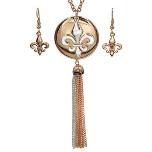 Gypsy Jewels Long Tassel Fleur De Lis Simple Chain Necklace & Dangle Earring Set