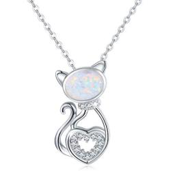 TRISHULA Moonstone/Opal Cat Pendant Necklace for Cat Lover, S925 Sterling Silver Cute Animal Cat Crescent Moon Charm Necklace for Women Girls 18+2 (Gift Box Included)