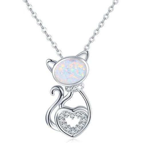 TRISHULA Moonstone/Opal Cat Pendant Necklace for Cat Lover, S925 Sterling Silver Cute Animal Cat Crescent Moon Charm Necklace for Women Girls 18+2 (Gift Box Included)