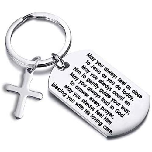 WUSUANED Christian Keychain May You Always Feel As Close to Jesus As You Do Today Cross Charm Keychain Religious Jewelry Christening Baptism Gift