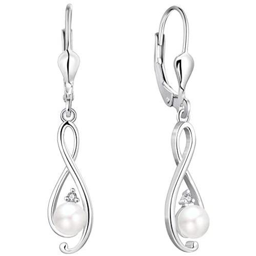 YL Inifinity Earrings 925 Sterling Silver 4mm Freshwater Pearl Leverback Earrings 18k White Gold Twist Dangle Drop Jewelry for Women