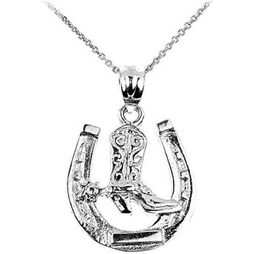 925 Sterling Silver Lucky Horseshoe with Cowboy Boot Charm Pendant Necklace