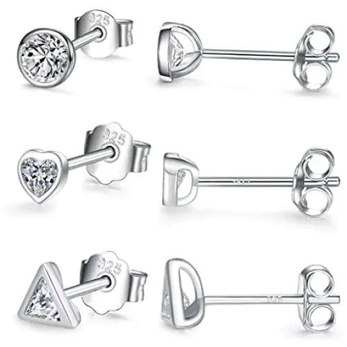 Silver Stud Earrings for Women, 3 Pairs Tiny Round Heart Triangle Cubic Zirconia Studs Hypoallergenic Earrings Set Piercing Jewelry for Men Girls, 4mm Silver Stud Earrings for Women, 3 Pairs Tiny Round Heart Triangle Cubic Zirconia Studs Hypoallergenic Earrings Set Piercing Jewelry for Men Girls, 4mm