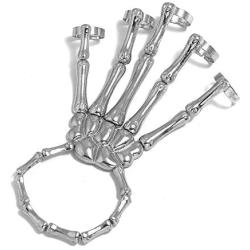 Punk Handmade Halloween Wristband Skull Fingers Metal Skeleton Hand Bracelet with Ring Fashion Exaggerated Metal Skull Finger Bone Joint Bracelet for Women Girls Party Gifts Jewelry