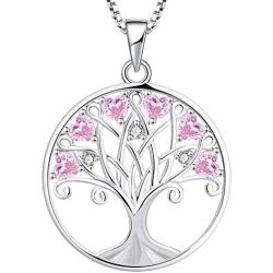 YL Tree of Life Necklace, Heart Family Tree Pendant, Sterling Silver Birthstones Jewelry Gift for Women