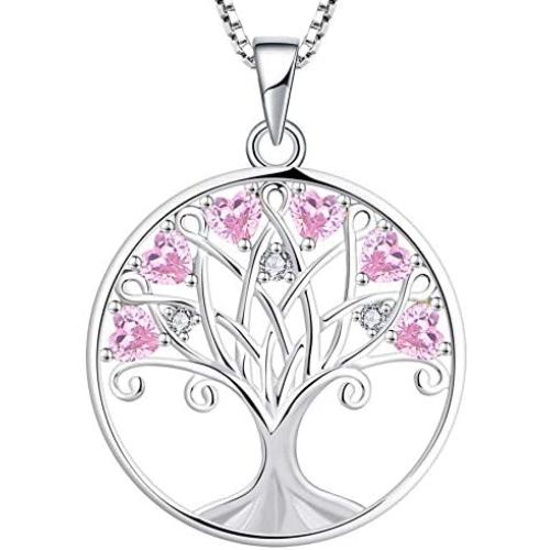 YL Tree of Life Necklace, Heart Family Tree Pendant, Sterling Silver Birthstones Jewelry Gift for Women