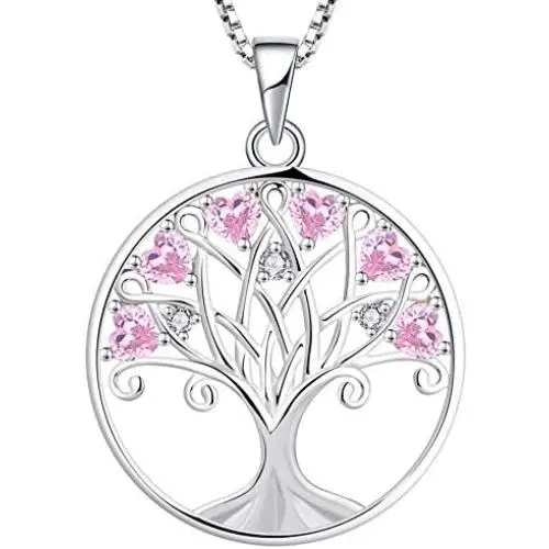 YL Tree of Life Necklace, Heart Family Tree Pendant, Sterling Silver Birthstones Jewelry Gift for Women