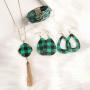 Plaid Christmas Jewelry Set Multi-Layer Tube Bracelets Faux Leather Pendant Necklace Buffalo Plaid Earrings for Women Girls