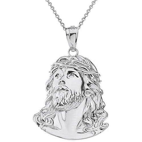 925 Sterling Silver Jesus Head Face Charm Religious Pendant Necklace, 0.92''