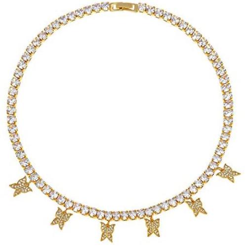 PLTGOOD Butterfly Necklace Choker for Women Girls Tennis Butterfly Necklace - Handmade Bling Iced CZ Charm Butterfly Necklace Chain Jewelry - Silver Gold