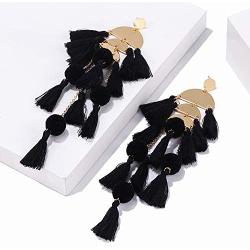 Long Tassel Earrings Statement Bohemian Pom Ball Handmade Drop Dangle Earrings for Women Girls