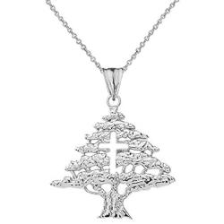 Fine Sterling Silver Lebanese Cedar Tree with Cut-Out Cross Pendant Necklace