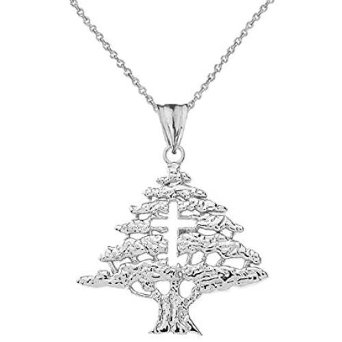 Fine Sterling Silver Lebanese Cedar Tree with Cut-Out Cross Pendant Necklace