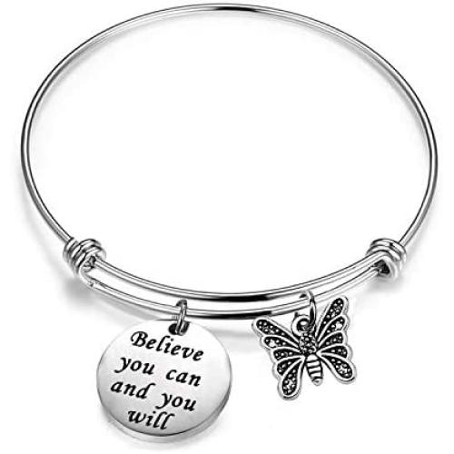 AKTAP Inspirational Bangle Bracelets Believe You Can and You Will Butterfly Charm Bracelet Encouragement Gift Faith Bracelet