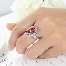 HSQYJ Oval Art Deco Wedding Engagement Ring Rhodium Plated Cocktail Ring with Simulated Oval Red Crystal Clear CZ Band Ring Fashion Luxury Jewelry for Women Girl Gift