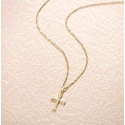 Carleen SOLID REAL 14K Yellow Gold SMALL TINY Little Cute Embossed Cross Crucifix Delicate Necklace Dainty Pendant Fine Jewelry For Women Girls, With 18'' Solid Gold Cable Chain