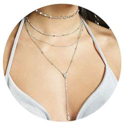 Zehory Boho Layered Crystal Choker Necklace Silver Long Tassel Pendant Y Necklaces Chain Jewelry Adjustable for Women and Girls